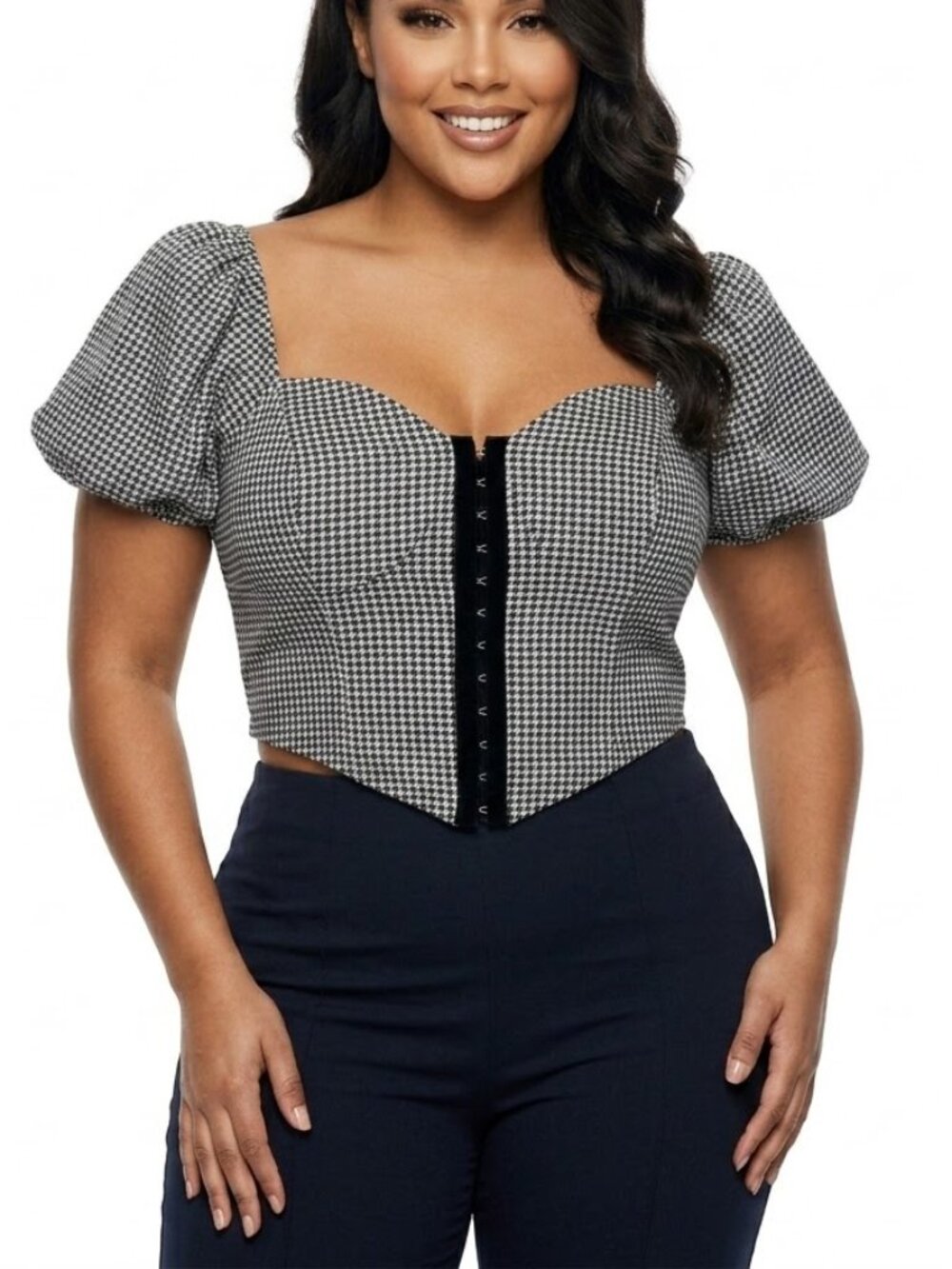 O.L.M. Dark Academia Houndstooth Corset Top / Puff Sleeve Bustier Blouse Large